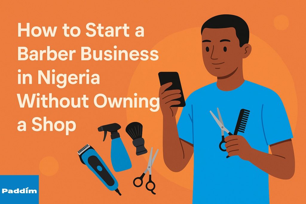 A Nigerian mobile barber holding clippers and phone, representing how to start a barber business without a shop using Paddim App.
