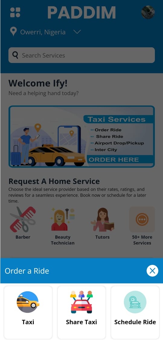 Illustration of a Nigerian man booking a cab on the Paddim App for an airport drop in Owerri